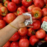 A shopper hands Chinese money (yuan notes) to a vendor in exchange for tomatoes at an outdoor market in Beijing, China.