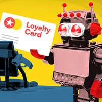Illustration of a retro-style robot holding a loyalty card at a blue checkout counter with scanner and monitor, on a yellow background.