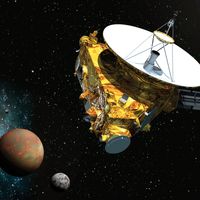 An artist's conception shows the New Horizons spacecraft approaching Pluto and its moons.