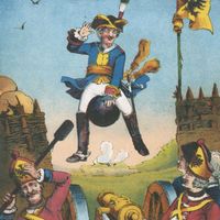 The baron surprising artillerymen by arriving mounted on a cannonball, illustration from a 19th-century edition of The Adventures of Baron Munchausen by Rudolf Erich Raspe.