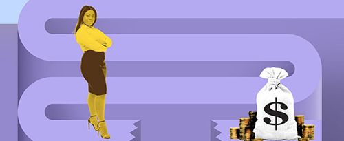 A trader stands on an illustrated maze, cut off from money by a gap in the path.