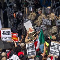 Protesters facing the California National Guard in Los Angeles, 2025