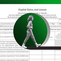 Composite image of a woman walking through a magnified section of IRS Schedule D, illustrating the carried interest tax break.