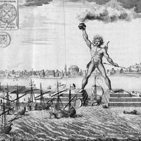 Colossus of Rhodes straddling the harbor