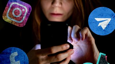 Composite image - woman looking at a glowing cell phone, surrounded by logos of TikTok, Facebook, Telegram, Instagram