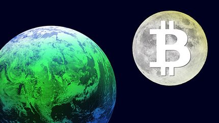 Photo illustration image: Bitcoin moon rising beyond the Earth.