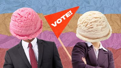 Two people in suits with their heads replaced by scoops of ice cream against a striped background and a red flag labeled "VOTE!".