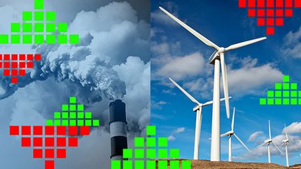 Split image showing factory smokestacks emitting thick smoke on left and white wind turbines on grassy hill under blue sky on right. Red and green pixel graphics overlay both sides.