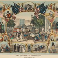 Old print showing a parade celebrating the passage of the 15th Amendment in 1870.