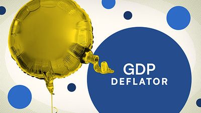 Gold balloon that is deflating from a valve. A large blue circle with white text reads "GDP DEFLATOR," surrounded by smaller blue circles on a light background.