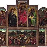 Click on image for enlargements of panel sections. The Ghent Altarpiece (open view) by Jan and Hubert van Eyck, 1432, polyptych with 12 panels, oil on panel; in the Cathedral of Saint-Bavon, Ghent, Belg.