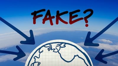 Image shows a sketch of the Earth on graph paper with a photo of the Earth in the background. Blue arrows point to the sketch and the word "FAKE?" appears above in red letters.