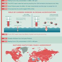 Timeline of climate change, 1896 to 2021. Graphics related to the Paris Agreement, carbon dioxide levels, and ocean acidification.