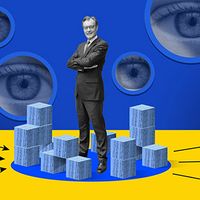 Insider Transaction Reporting, photo illustration image: CEO surrounded by blocks with eyes watching.