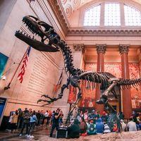 A large dinosaur skeleton is in the foreground, with a large crowd of people behind it.