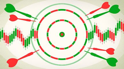 A stylized dartboard with red and green darts aiming for a target, overlaid on a background of red and green candlestick stock charts, symbolizing investment volatility or the attempt to hit financial goals.