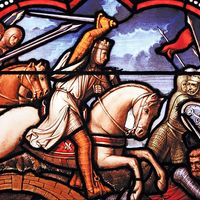 Louis IX of France (St. Louis), stained glass window of Louis IX during the Crusades. (Unknown location.)