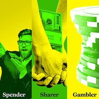 Photo illustration in green and yellow showing a saver, spender, sharer, gambler, and investor.