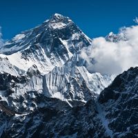 Snow and ice surround the peak of Mount Everest, the highest point on Earth.
