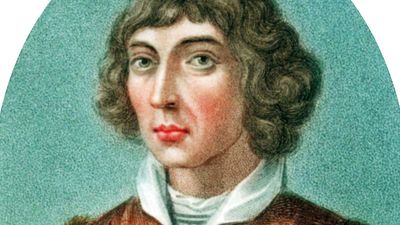 Nicolaus Copernicus. Nicolas Copernicus (1473-1543) Polish astronomer. In 1543 he published, forward proof of a Heliocentric (sun centered) universe. Coloured stipple engraving published London 1802. De revolutionibus orbium coelestium libri vi.