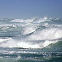 Large ocean waves form on a stormy day.