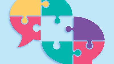 Pastel colored puzzle piece speech bubbles with shadows on a white background. Two speech bubbles made up of puzzle pieces intersecting with a piece in the center missing.