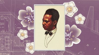Color illustration of Countee Cullen in profile, set against a purple background with white floral and map-like designs.