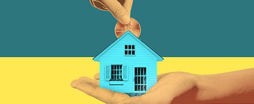 Photo illustration image: Dropping a coin into a house that's being held in the palm of a hand.