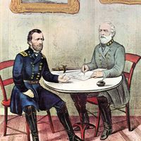 Confederate Gen. Robert E. Lee (right) surrendering to Union Gen. Ulysses S. Grant at Appomattox Court House, Virginia, April 9, 1865; hand-coloured lithograph by Currier & Ives, c. 1865.