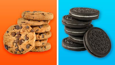 Thumbnail for 'Which Came First' Quiz. Composite image. Left is a stack of chocolate chip cookies on an orange background, right is a stack of off-brand oreos on a blue background. Dessert, food, snack