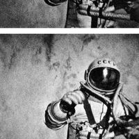 Three stills from an external movie camera on the Soviet spacecraft Voskhod 2 recording pilot Aleksey Leonov making the first space walk, March 18, 1965.