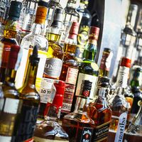 Bottles of alcohol in a pub in Bucharest, Romania
