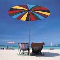 Larger, often colorful umbrellas are used to protect a greater number of people from the sun.