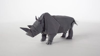 View Swiss artist Sipho Mabona's unfolding of an origami rhinoceros