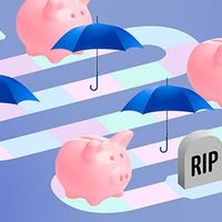 An illustration of a board game path with piggy banks, blue umbrellas, a START sign, and a gravestone marked RIP at the end.