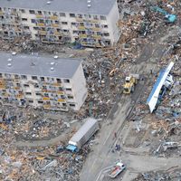 Aerial view of the destruction in Sendai, Miyagi prefecture, Japan, three days after being struck by the March 11, 2011, earthquake and tsunami.