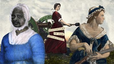Color illustrations of three women from the 18th century set against a white paper background, including a Black woman in a blue dress and white bonnet, a white woman loading a cannon, and a white woman holding a rifle. The text "daughters of the revolution" appears in capital letters.
