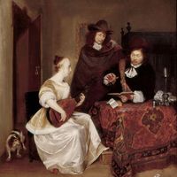 A Woman playing a Lute to Two Men